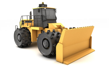 Obraz na płótnie Canvas Powerful concept. Massive yellow hydraulic earth mover with thorns on wheels isolated on white. 3D illustration. Perspective. Front side view. Left to right direction.