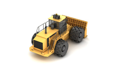 Isometric rear side view on massive yellow hydraulic earth mover with thorns on wheels isolated on white. 3D illustration. Perspective. High angle. Left to right direction.
