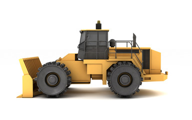 Powerful massive yellow hydraulic earth mover with thorns on wheels isolated on white. 3D illustration. Left side view. Right to left direction.