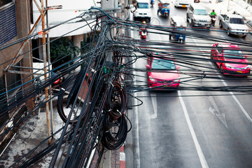 Wires on the background of the road.