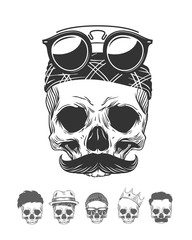 Vector illustration of skull with mustache in bandanna and sunglasses with skulls different characters