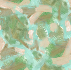 Seamless background pattern with green and beige artistic stains painted in gouache brush strokes 