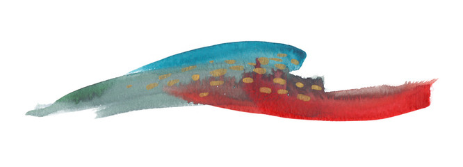 Fototapeta premium Long thin horizontal abstract art painted in blue and red watercolor on clean white background