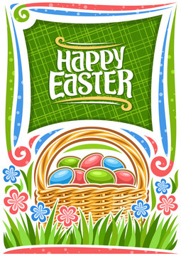 Vector poster for Easter holiday with copy space, white frame with blue and pink wildflowers, rustic pottle with heap of colorful eggs on grass, lettering for words happy easter on abstract background