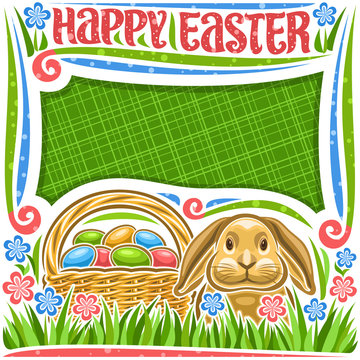 Vector poster for Easter holiday with copy space, white frame with blue and pink wildflowers, head of rabbit with funny ears, rustic pottle with heap of colorful eggs, lettering for words happy easter