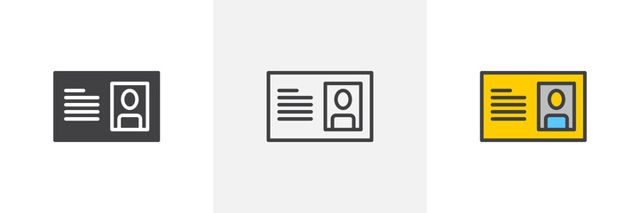 Id card icon. Line, glyph and filled outline colorful version, Identification card outline and filled vector sign. Personal badge symbol, logo illustration. Different style icons set. Pixel perfect 