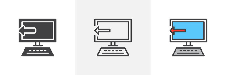 Software uninstall icon. Line, glyph and filled outline colorful version, desktop computer monitor with arrow outline and filled vector sign. Symbol, logo illustration. Different style icons set. 