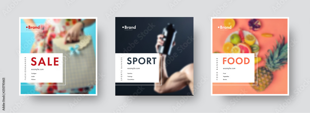 Poster Design of square vector banners for social networks with white frame and place for photo and text.
