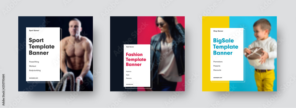 Poster Square modern vector banners templates for social networks with place for photo and rectangle for headline.