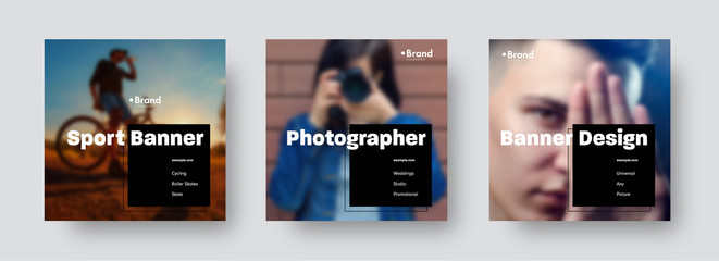 Sets of vector banners for social networks with a place for a photo and a black square for text.