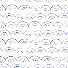 Whimsical and Cute Nautical Hand-Drawn with Crayons, Abstract Sea Waves Vector Seamless Pattern. Monochrome Texture