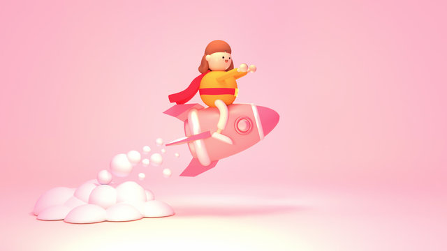 Super heroine sitting on a pink space rocket sculpture. 3d rendering picture.