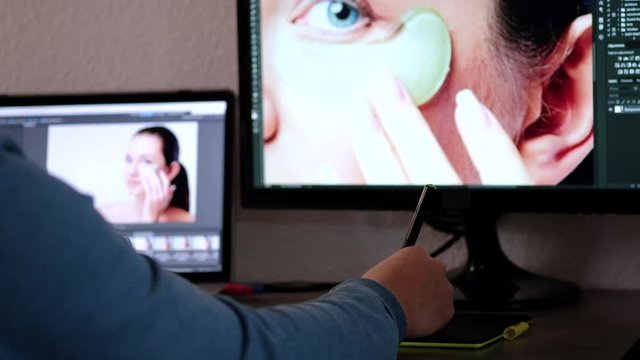 Time-lapse of male photographer retouching photo of a young girl 