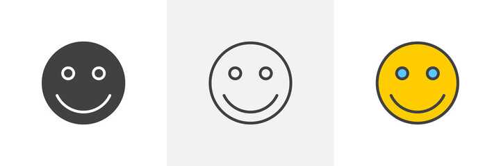 Smiling face emoticon icon. Line, glyph and filled outline colorful version, Happy Emoji smiley outline and filled vector sign. Symbol, logo illustration. Different style icons set. Pixel perfect 