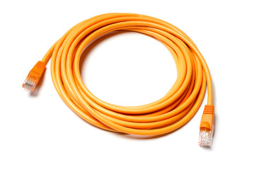 Isolated orange patch cord internet cable on white background