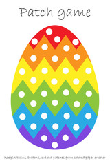 Education Patch game egg for children to develop motor skills, use plasticine patches, buttons, colored paper or color the page, kids preschool activity, printable worksheet, vector illustration