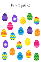 Find pairs of identical pictures, fun education game with easter eggs for children, preschool worksheet activity for kids, task for the development of logical thinking, vector illustration