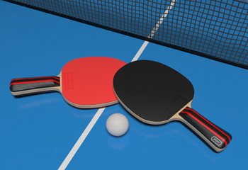 Table tennis set. Two rackets with ball on a blue game table. 3d rendering