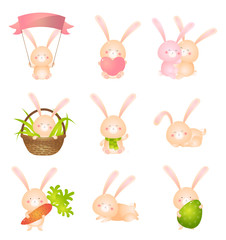 Set of cute rabbits in different poses or holding various things isolated on white background