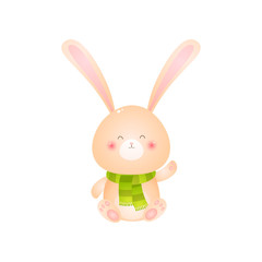 Cute smiling rabbit sitting in green scarf on his neck on white background