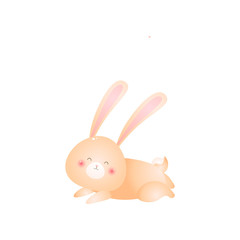 Cute rabbit lying on his stomach isolated on white background