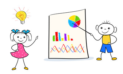 Cartoon boy and girl presentation of innovative business idea at flip chart. Doodle style conference design isolated on white background.