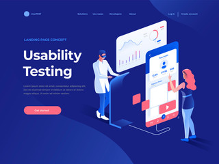People testing the interface and usability of a mobile application on the dark blue background. 3D Isometric illustration. Landing page concept.