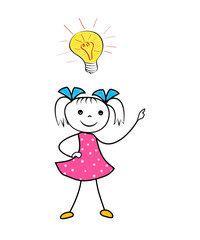 Doodle girl with innovative idea light bulb. Cartoon illustration