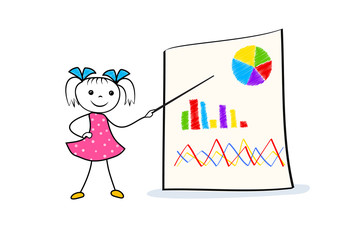 Young cartoon girl pointing at board with graph and pie chart. Business presentation concept in doodle style.