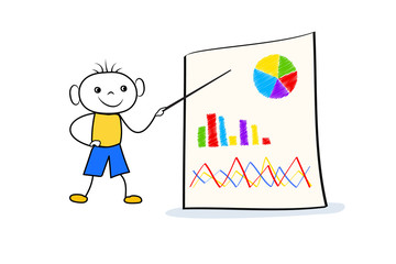 Young doodle boy standing near flip chart and pointing at board with graph and pie chart. Business presentation concept in cartoon style.