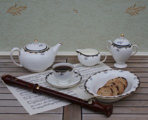 English teacup with saucer, teapot, cream jug, sugar bowl and a cake bowl, fine bone china...