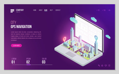 Design website or landing page template. Minimal modern concept for gps navigation, digital online map. Isometric vector illustration.