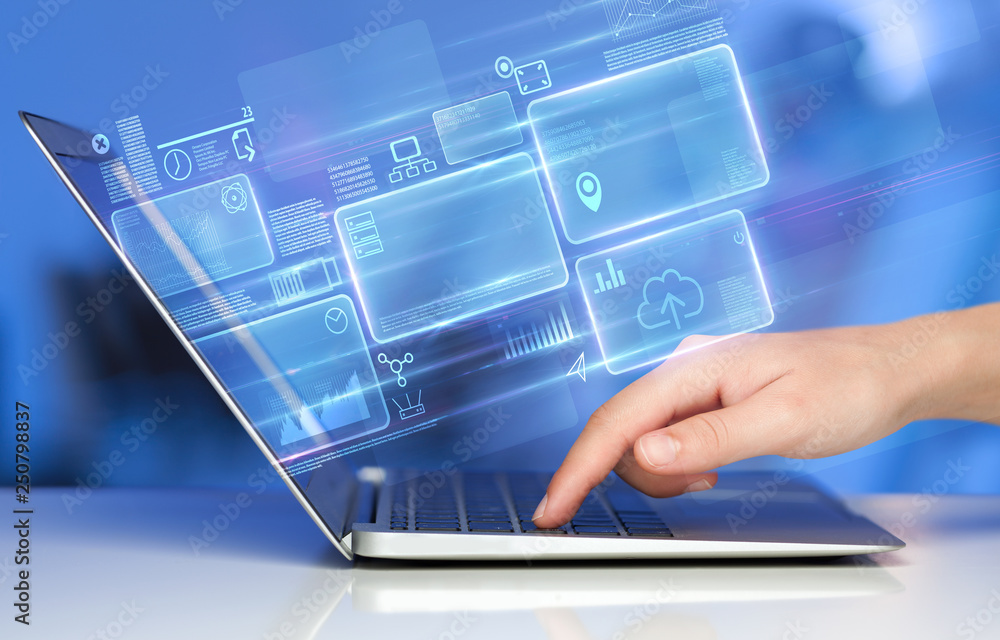 Poster hand using laptop with database reports and online work concept