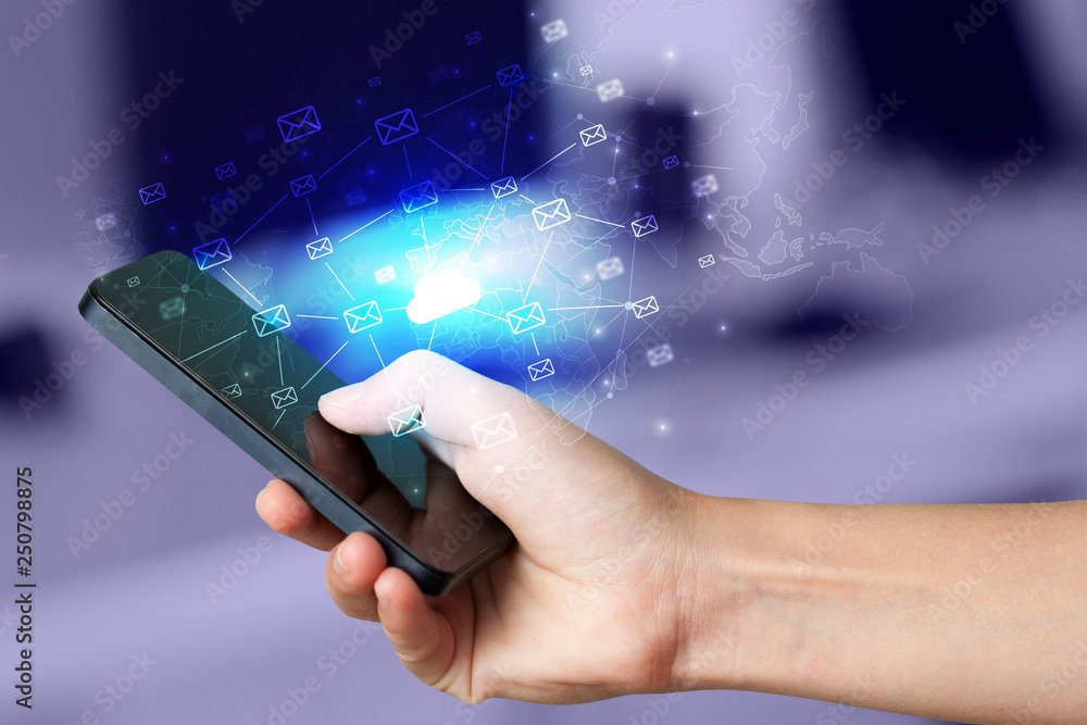 Poster hand using phone with cloud computing and online storage concept