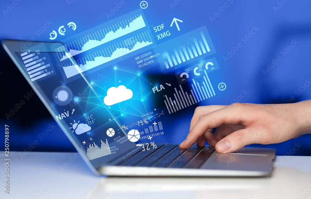 Poster hand using laptop with cloud technology and linked information concept