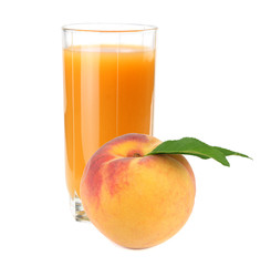 glass of peach juice with green leaf isolated on white background