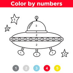 Color by number for preschool and school kids. Coloring page or book with alien's UFO. Space theme. Vector illustration.