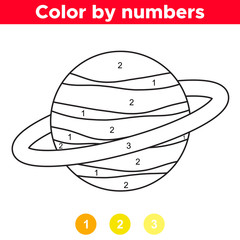 Color by number for preschool and school kids. Coloring page or book with saturn. Solar system. Space theme. Vector illustration.