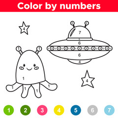 Color by number for preschool and school kids. Coloring page or book with cute cartoon alien and UFO. Space theme. Vector illustration.
