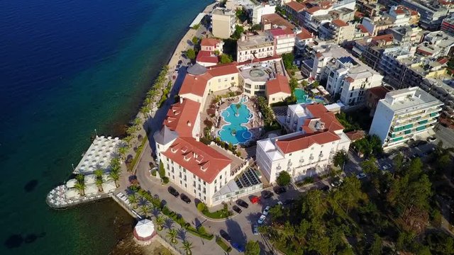 Aerial birds eye view video taken by drone of picturesque village of Aidipsos known for hot springs, North Evoia, Greece