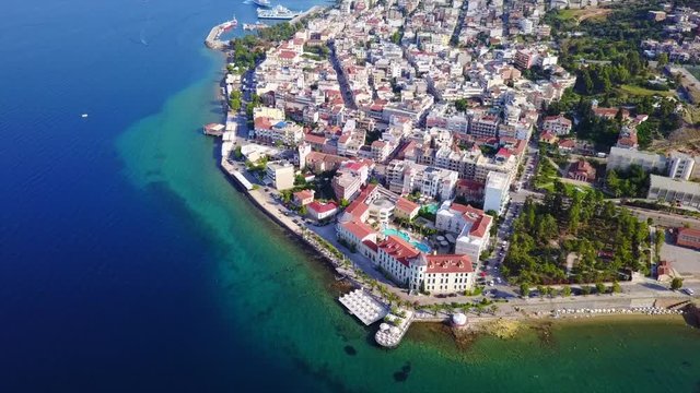 Aerial birds eye view video taken by drone of picturesque village of Aidipsos known for hot springs, North Evoia, Greece