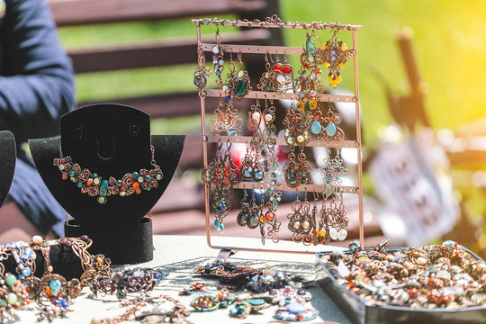 Oriental handmade earrings for sale at the market fair