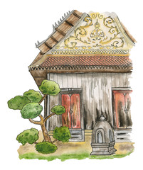 Old wooden temple of Thailand. A traditional wooden building on a Buddhist temple grounds. Watercolor illustration. - 250800652