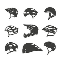 Monochrome vector illustration of a set bicycle helmets, isolated on a white background.