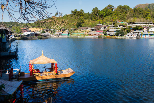 Boat floating at the Lee wine ruk thai lake ,Beautiful scenery Chinese village, Mae Hong Son in Thailand
