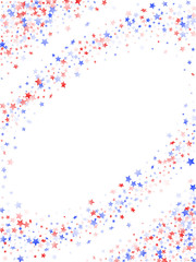 Flying red blue white star sparkles on white vector american patriotic background.