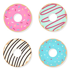 Donut vector set on a white background. Donuts set whis mint, creamy, pink and blue dlaze. Dounats colorful icon set. Donuts into the glaze coiiection.