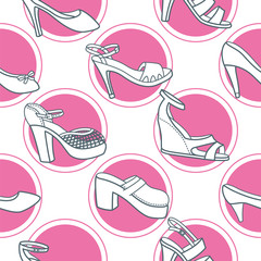 Women’s shoes pattern. Seamless pattern made with a set of women’s shoes over fuchsia circles. The shoes are drawn with simple thin lines. 