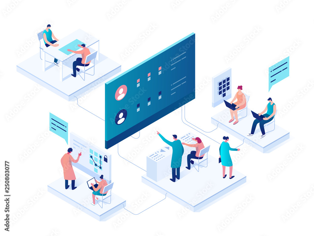 Poster people interacting with charts and analyzing statistics. data visualization concept. 3d isometric ve