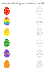 Find pairs of identical colored and black white pictures, fun education game with easter eggs for children, preschool worksheet activity for kids, task for the development of logical thinking, vector